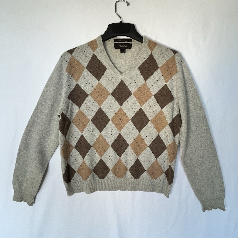 Tasso Elba 100% Cashmere Mens Argyle V-Neck Sweater Large Medium